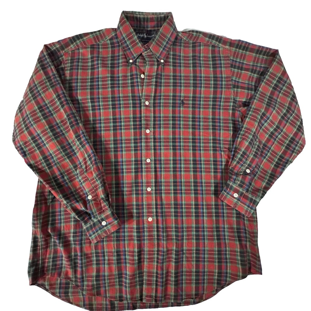Ralph Lauren Shirt Men's Large Plaid Button-Down‎ Oxford 100% Cotton Red/Green